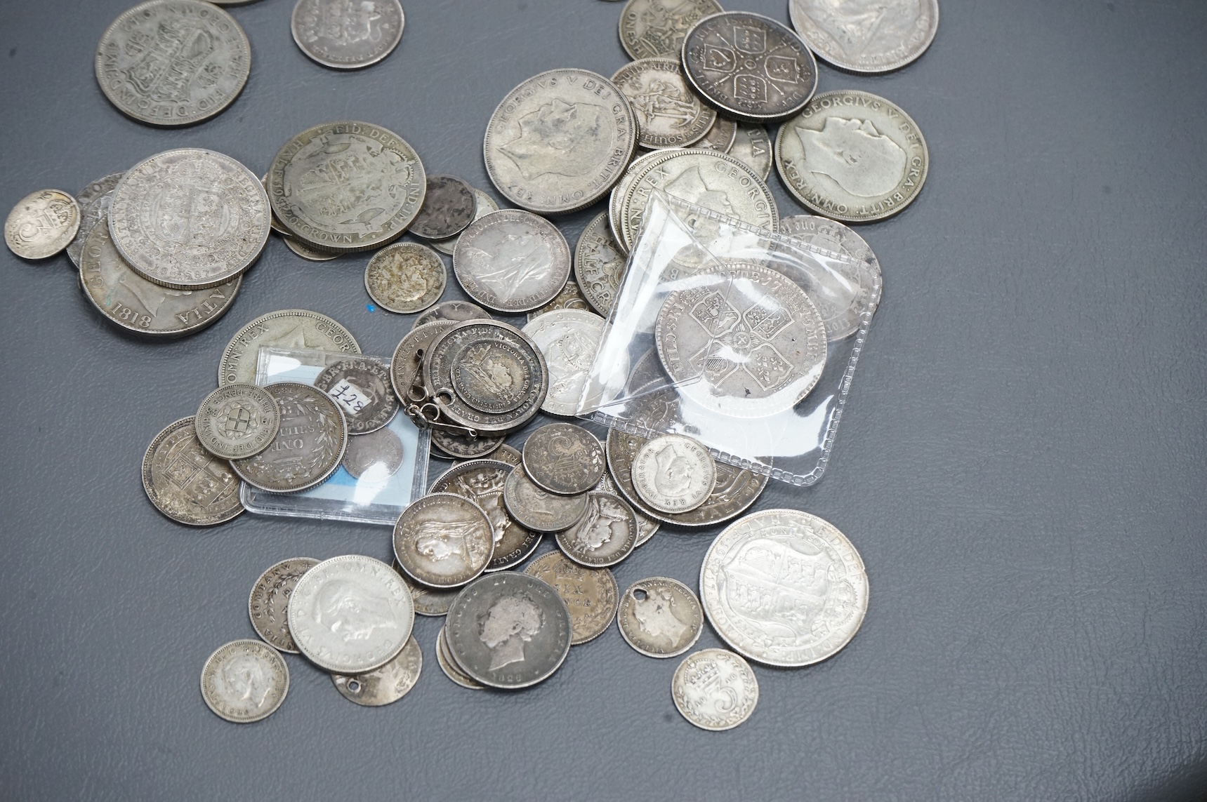 British silver coins, George III to George VI, including George II half crown, 1745, Lima, fine or better, numerous Victoria to George V halfcrowns and florins